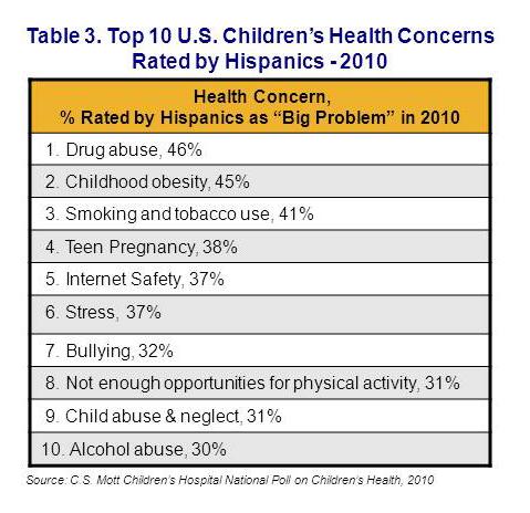 Top 10 U.S. children's health concerns rated by Hispanics - 2010