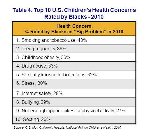 Top 10 U.S. children's health concerns rated by blacks - 2010