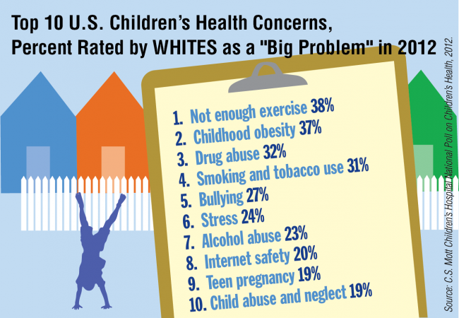 Top 10 U.S. Children's Health Concerns, Percent Rated by Whites as a "Big Problem" in 2012